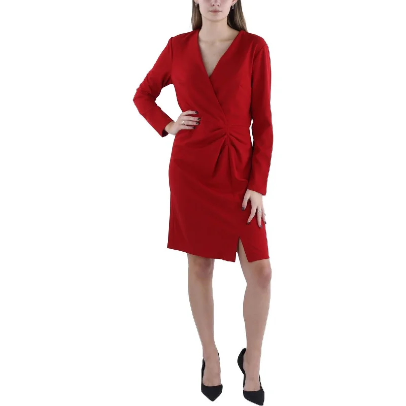 Midi Dresses for Versatile Wear -Maggy London Womens Faux Wrap V-Neck Cocktail And Party Dress