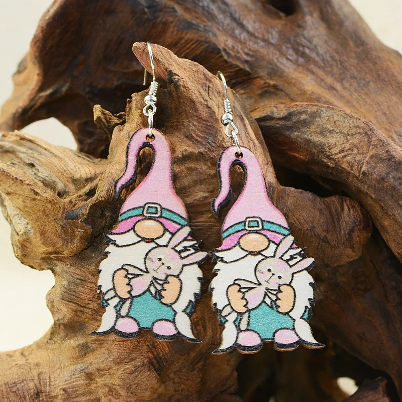 Drop Earrings with Matte Finish -Wholesale Easter Bunny Dwarf Elf Wooden Earrings