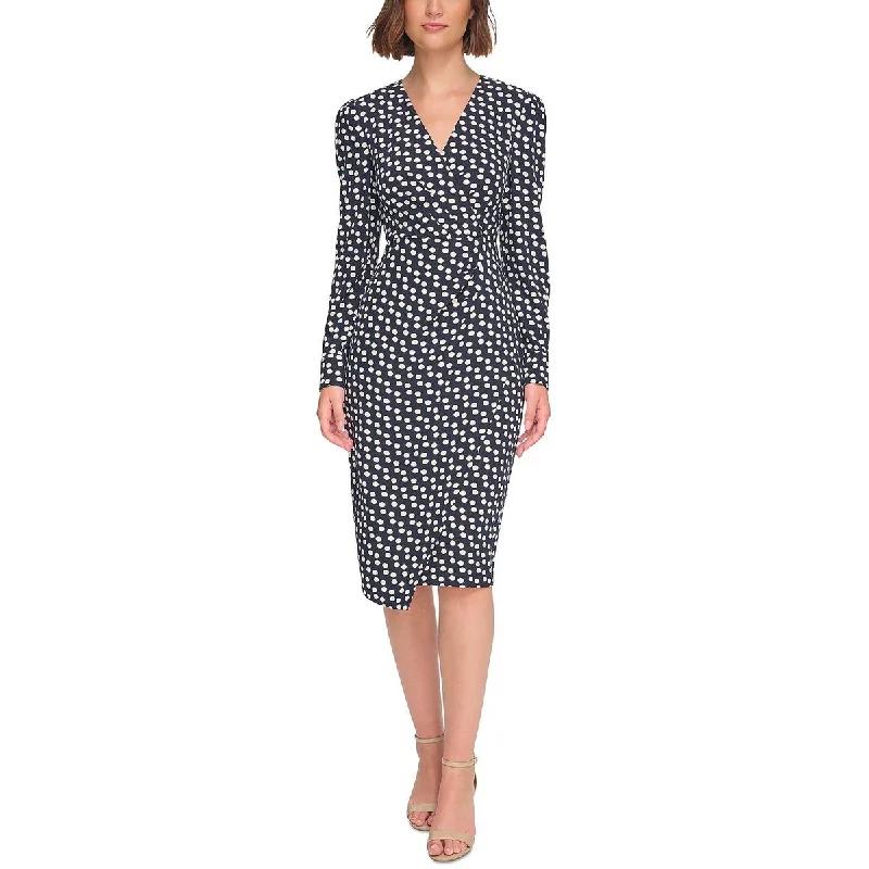 Resort Dresses for Vacation -Tommy Hilfiger Womens Faux Wrap Top Polka Dot Wear To Work Dress