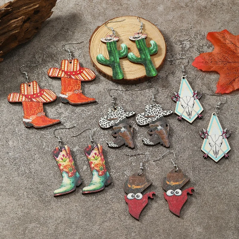 Detachable Drop Earrings with Charms -Wholesale Cartoon Sheep Head Cactus Boots Small Flame Cowboy Hat Shoes Wooden Painted Earrings