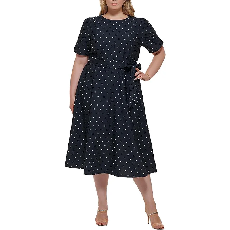 Evening Dresses for Formal Events -DKNY Womens Plus Polka Dot Belted Fit & Flare Dress