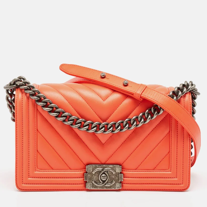 Handle bags with double handles for strength -Chanel Orange Chevron Leather Medium Boy Flap Bag