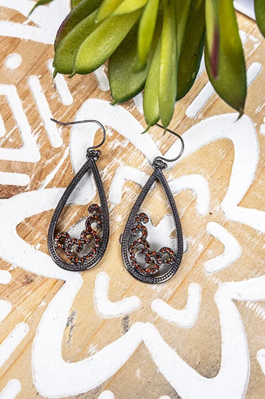 Drop Earrings for Work Attire -SALE! Siena Orange Crystal Scroll Teardrop Earrings