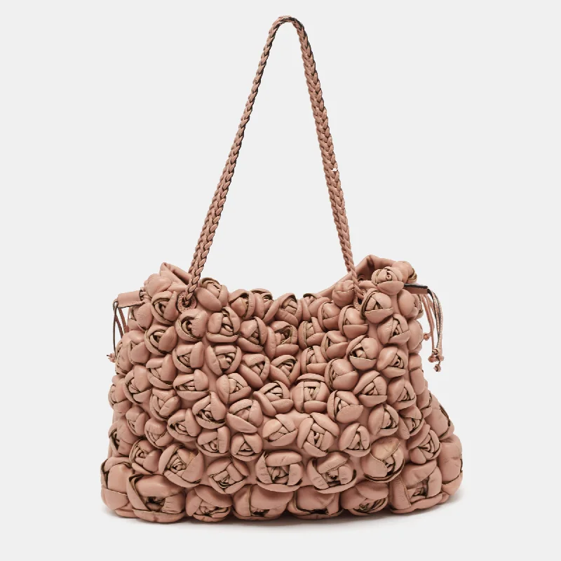 Handle bags with woven fabric for texture -Valentino Light Pink Leather Floral Applique Zip Tote