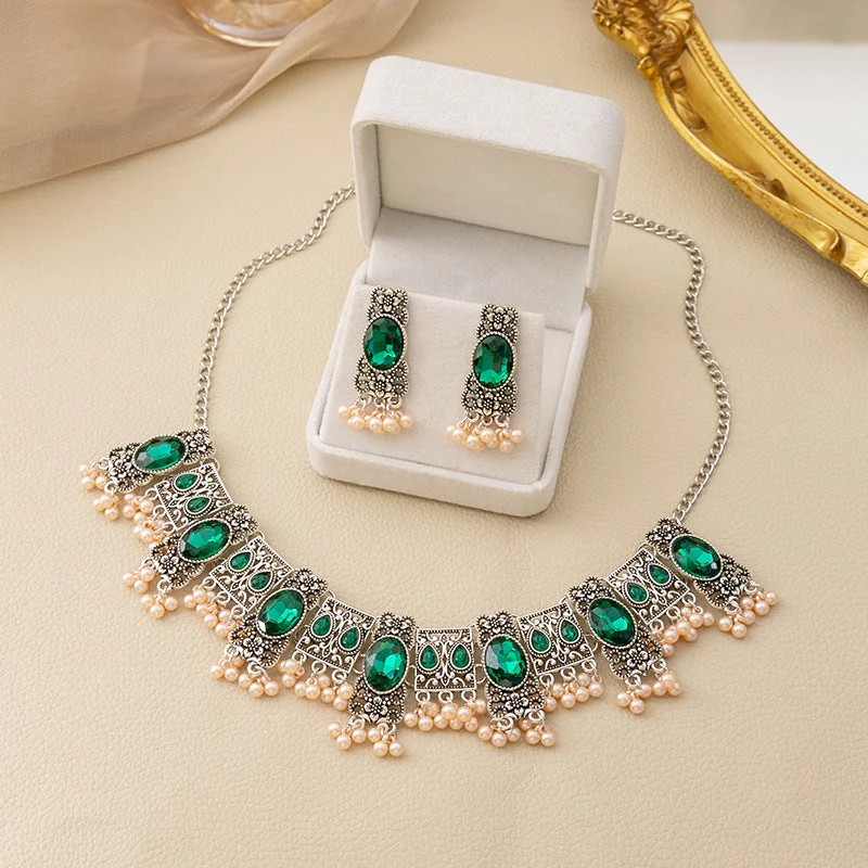 Crystal Drop Earrings for Sparkle -Wholesale Vintage Emerald Ethnic Style Square Tassel Rice Beads Earrings Necklace Set