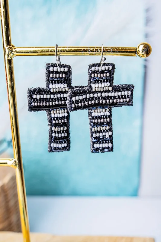 Drop Earrings for Party Look -SALE! Black Seed Bead Serape Cross Earrings