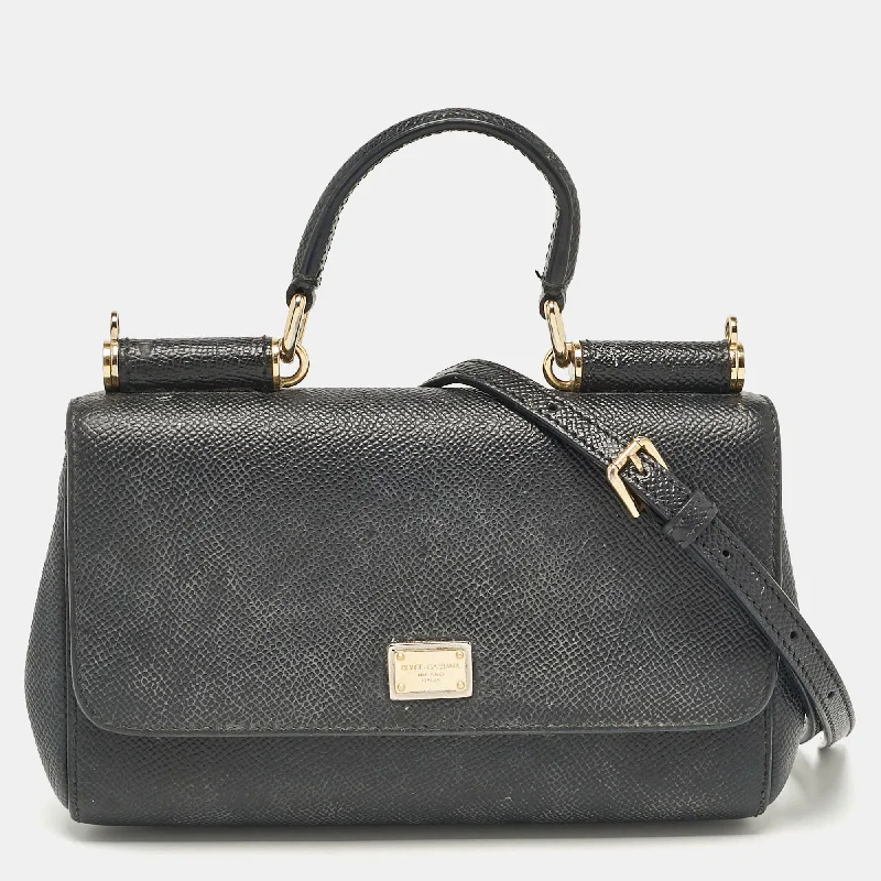 Handle bags with rugged canvas for outdoors -Dolce & Gabbana Black Leather Miss Sicily Top Handle Bag