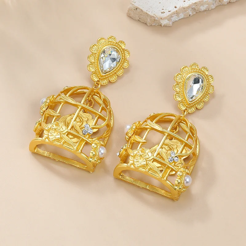 Drop Earrings with Floral Motifs -Wholesale Birdcage Baroque Earrings