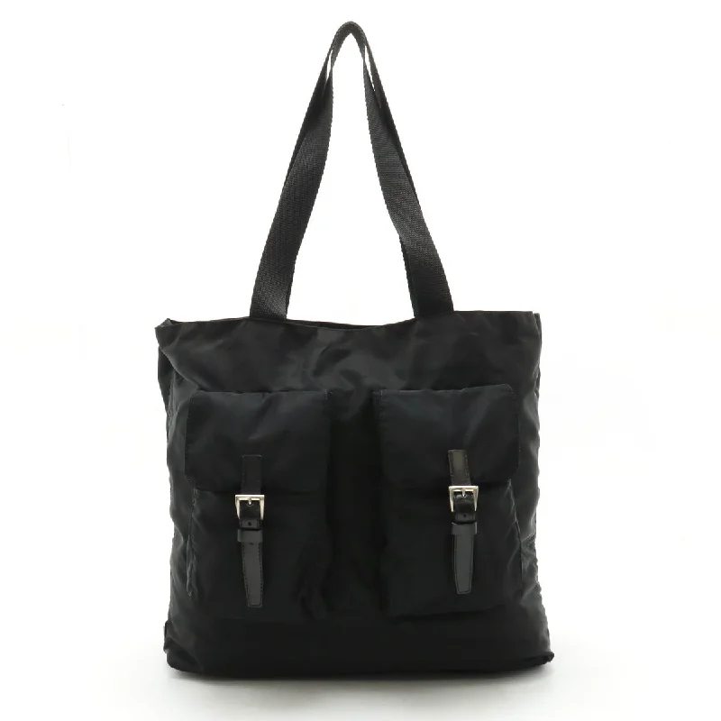 Handle bags with padded handles for comfort -Prada Nylon Leather Tote Bag Black