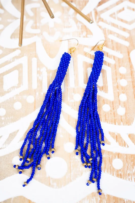 Drop Earrings with Hammered Finish -SALE! Kindra Navy Seed Bead Fringe Earrings