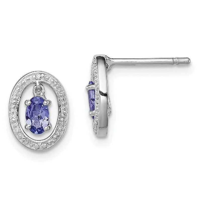 Drop Earrings with Debossed Designs -Curata 925 Sterling Silver Polished Rhodium Plated Diamond and Tanzanite Oval Post Earrings - 10x8mm Wide