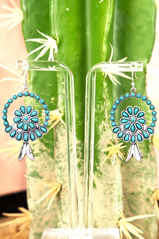 Screw Back Drop Earrings for Security -SALE! Turquoise Canyon Crest Silvertone Squash Blossom Earrings