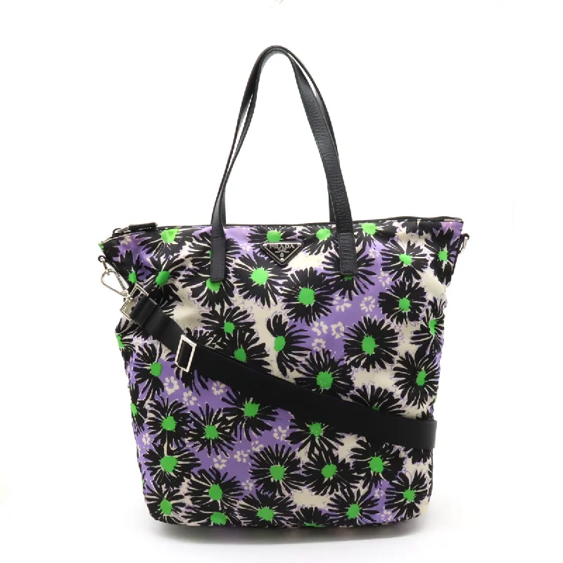 Handle bags with sleek zippers for closure -Prada Nylon Leather 2WAY Tote Bag Floral Print