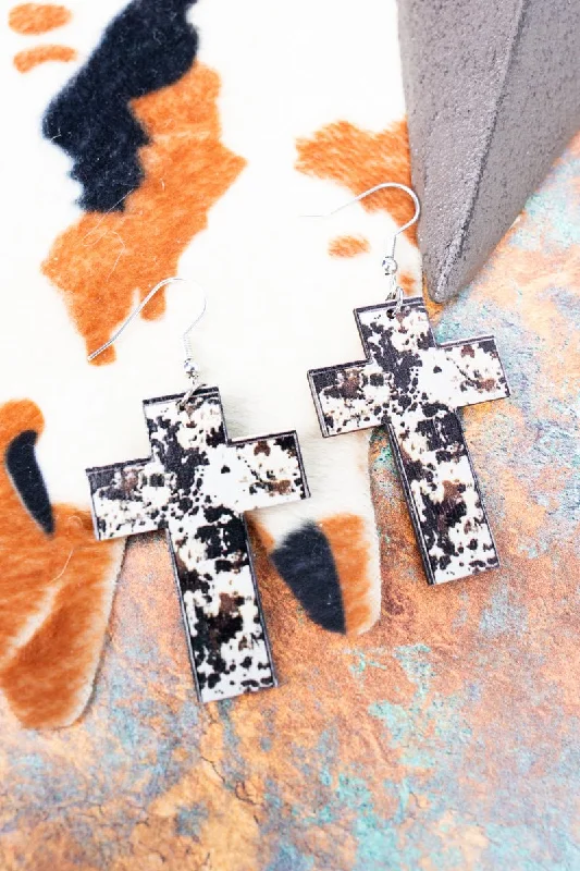 Drop Earrings with Animal Motifs -Camila Cow Wood Cross Earrings