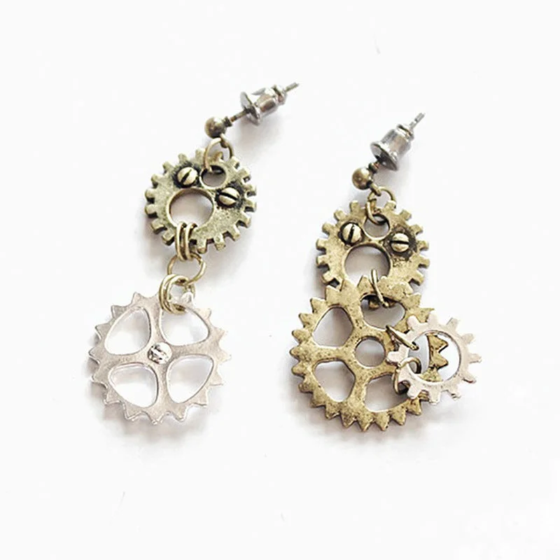 Leverback Drop Earrings for Comfort -Wholesale Vintage Gear Chain Asymmetric Long Earrings