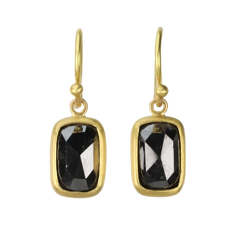 African Drop Earrings with Culture -20 & 22K Gold Bezel-Set Rosecut Cushion Black Diamond Earrings