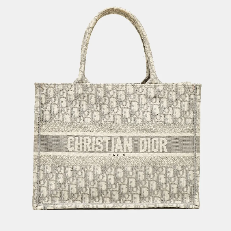 Handle bags with elegant gold-tone hardware -Dior Grey Oblique Embroidered Canvas Medium Book Tote