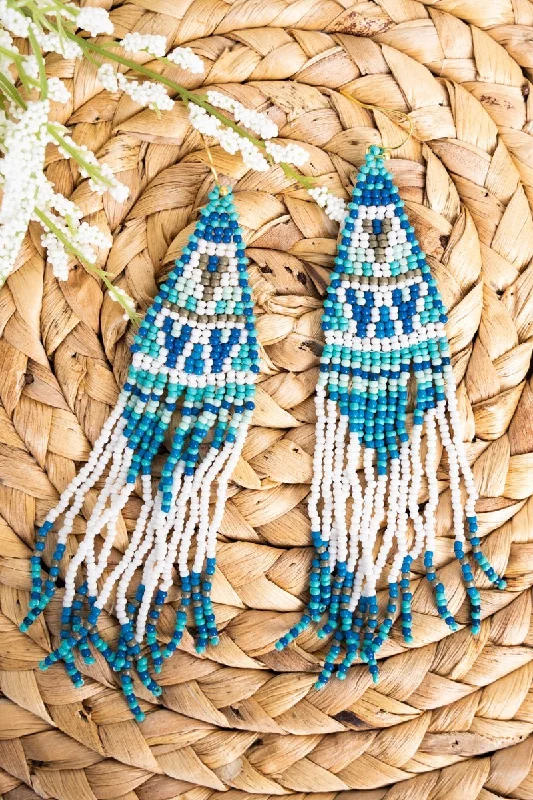 Drop Earrings for Party Look -SALE! Paradise Awaits Blue Seed Bead Fringe Earrings