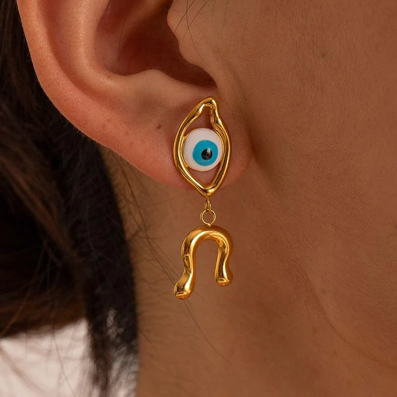 Maximalist Drop Earrings for Bling -18K Gold Plated Stainless Steel Asymmetrical Devil's Eye Earrings