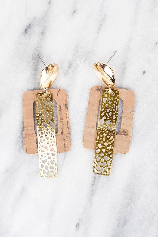 Drop Earrings for Yoga Session -SALE! Harper Goldtone and Neutral Cork Layered Filigree Earrings