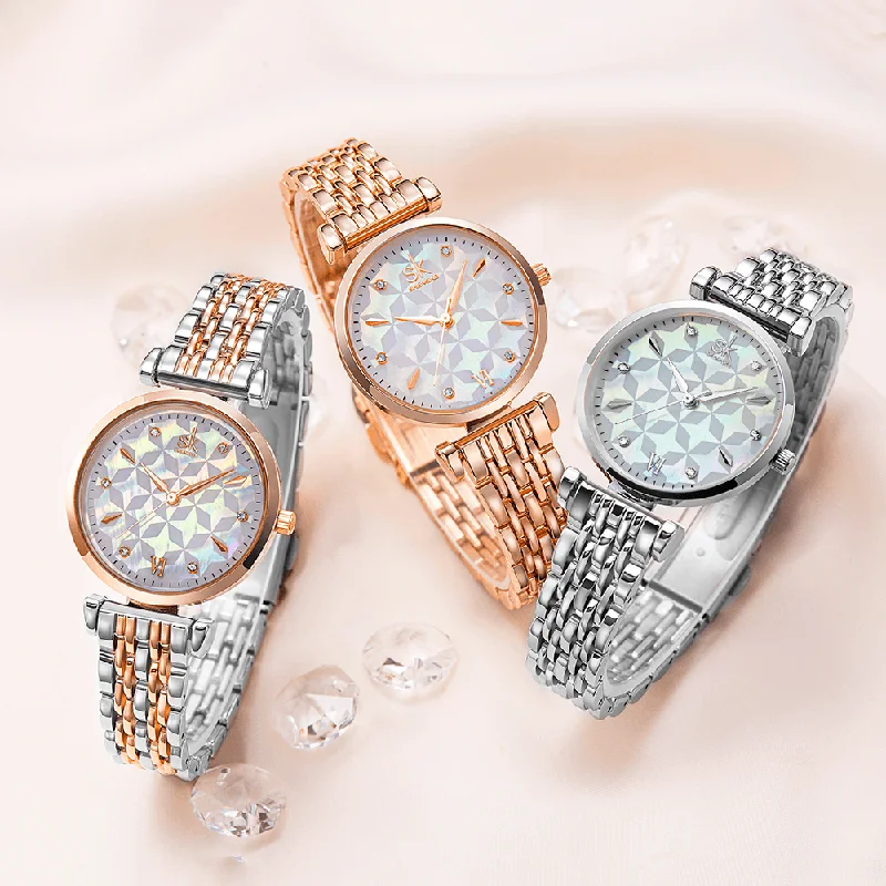 Gray Dresses for Subtle -SHENGKE SK K0136 Crystal Dial Flower Pattern Stainless Steel Ladies Dress Women Quartz Watch