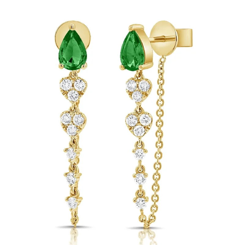 Beaded Drop Earrings for Party -Joelle Collection Emerald & Diamond Dangle Chain Earrings 14K Gold 1" Drop