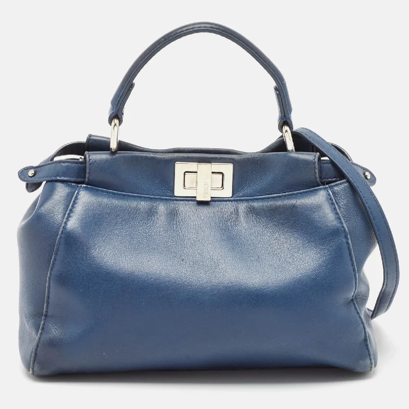 Handle bags with neutral leather for elegance -Fendi Navy Blue Leather Mini Peekaboo Top Handle Bag