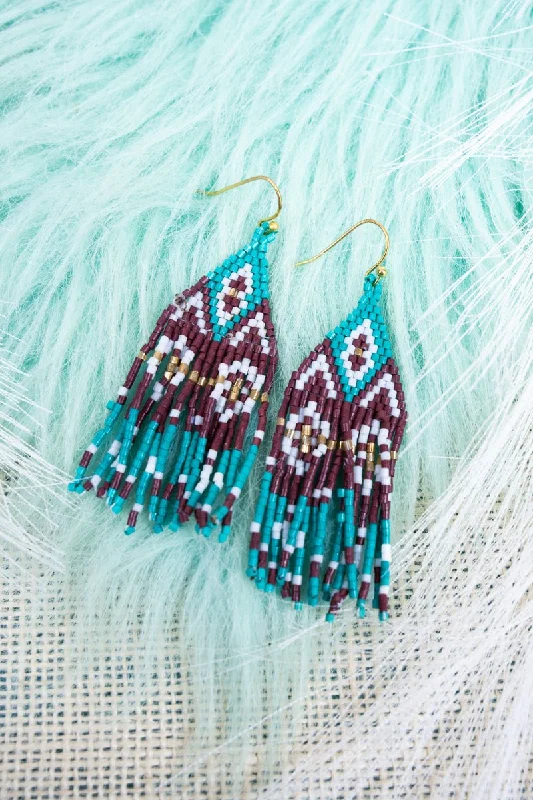 Geometric Drop Earrings for Trend -SALE! Stony Creek Teal Seed Bead Fringe Earrings