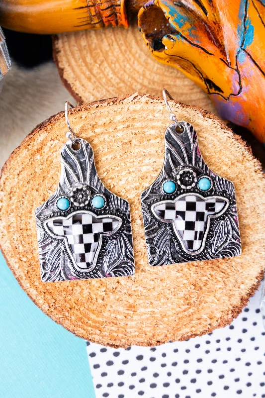 Drop Earrings with Crown Designs -TIPI Rosy Checkered Cow Cattle Tag Silvertone Earrings