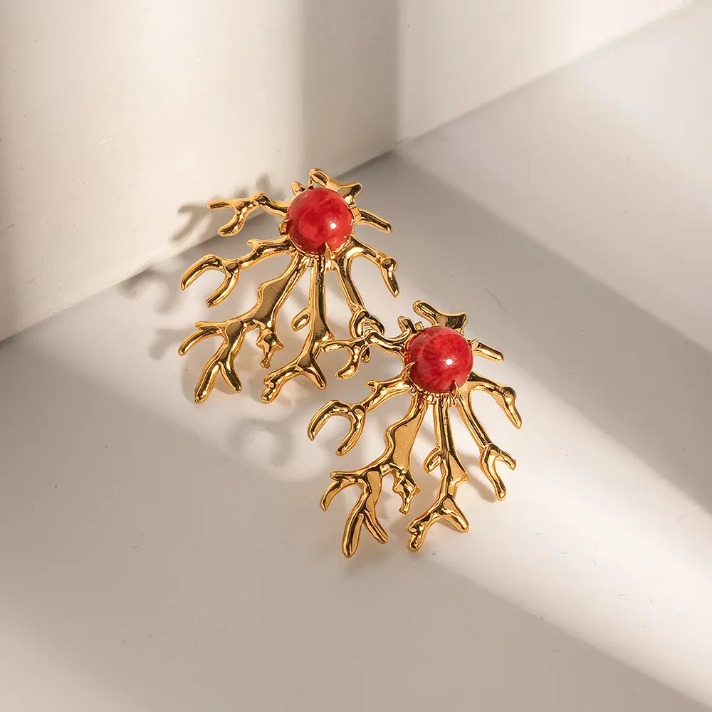 Drop Earrings with Filigree Work -Gold Plated Coral-shaped Earrings