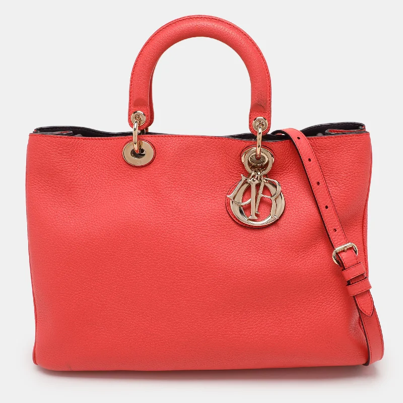 Reversible handle bags offering dual design styles -Dior Coral Leather Large Diorissimo Shopper Tote