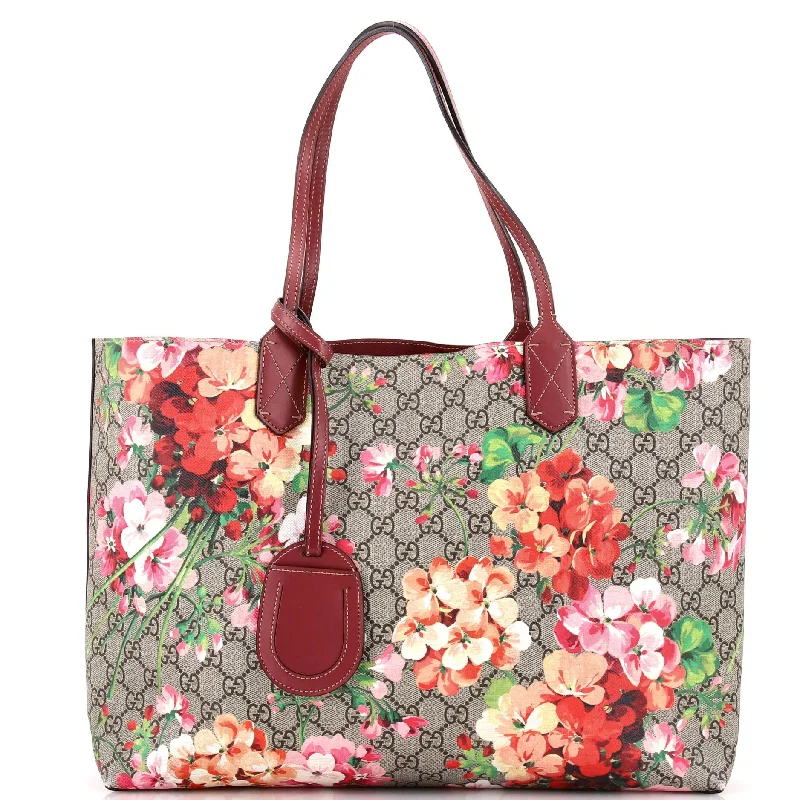 Handle bags with vintage clasps for nostalgia -Reversible Tote Blooms GG Print Leather Medium