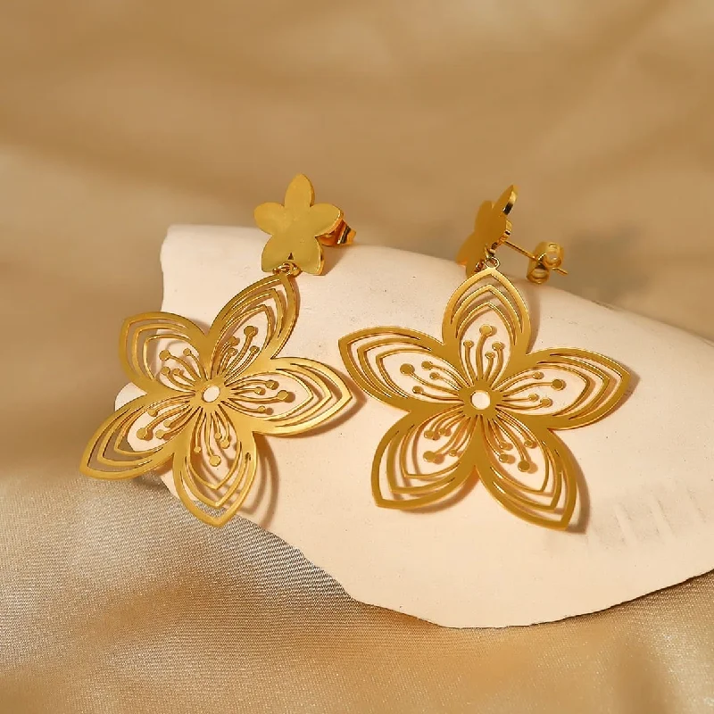 Star Shaped Drop Earrings for Charm -Gold Plated Stainless Steel Flower Drop Earrings