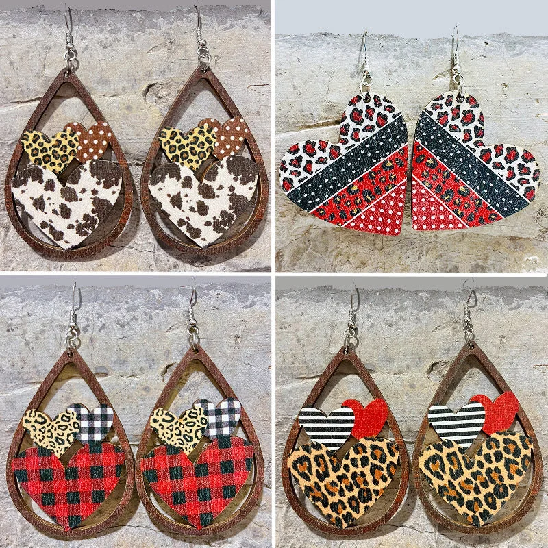 Bohemian Drop Earrings with Tassels -Wholesale 2 Pairs/pack Valentine's Day Hollow Heart Leopard Print Wooden Earrings