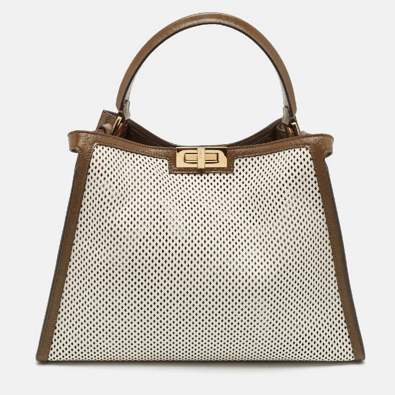 Handle bags with zipper tops for security -Fendi Khaki/white Perforated Leather Large X Lite Peekaboo Top Handle Bag