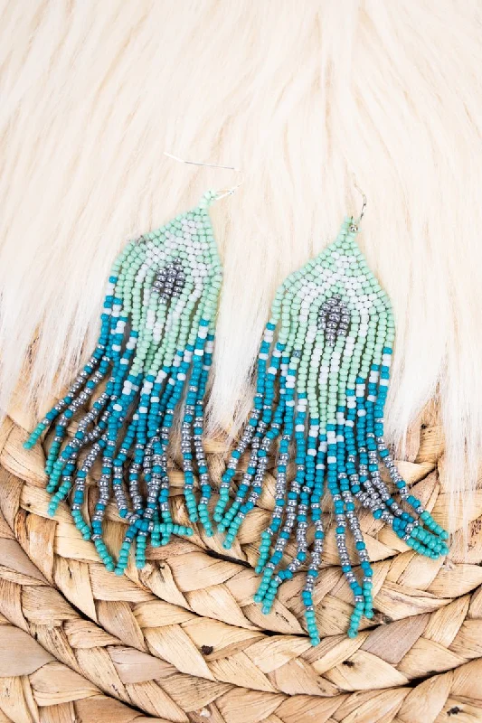 Drop Earrings for Yoga Session -SALE! Raina Turquoise Seed Bead Fringe Earrings