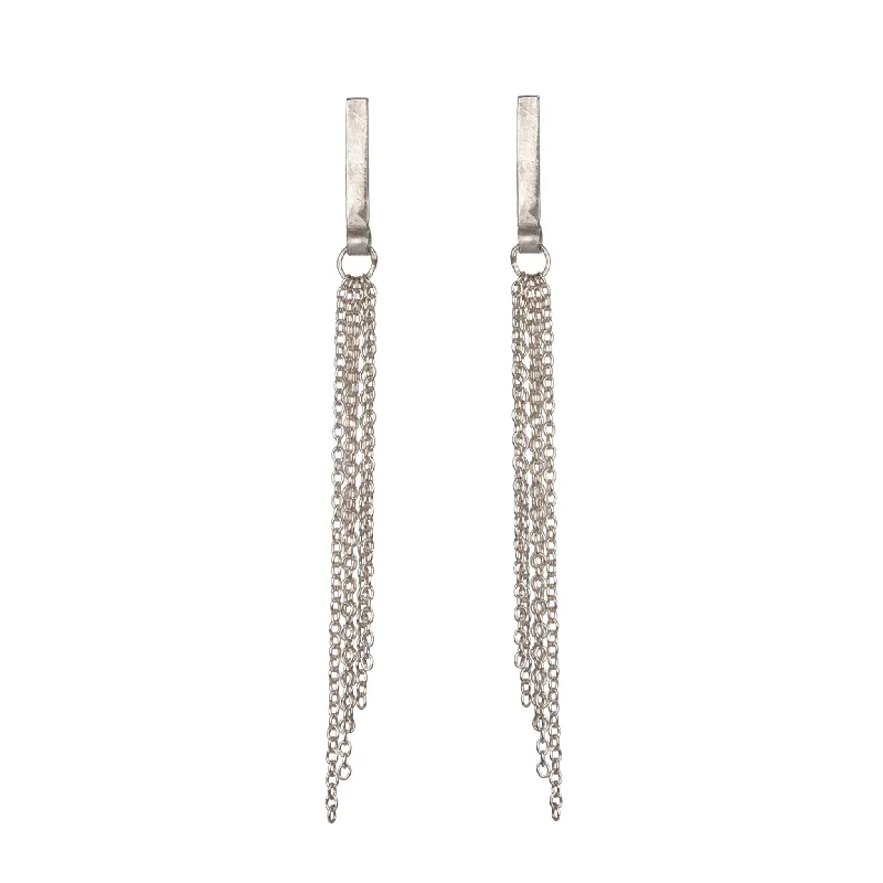 Clip On Drop Earrings for Non Pierced -The "Olive" Sterling Silver Post Earrings with Angled Chain Fringe Attached to a Flat Bar