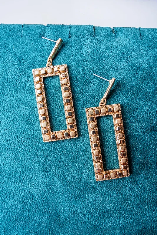 Drop Earrings with Polished Shine -SALE! Worn Goldtone Cube Bead Rectangle Earrings