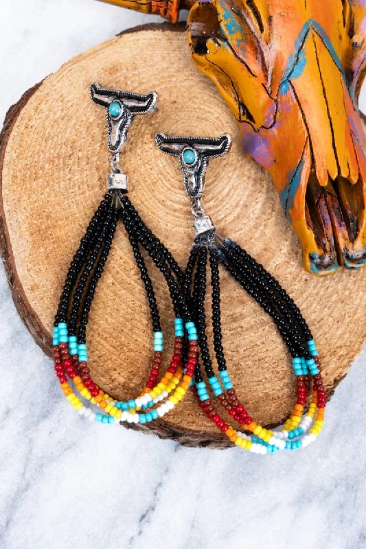 Ethnic Drop Earrings with Tribal Design -SALE! Black Creek Steer Seed Bead Earrings