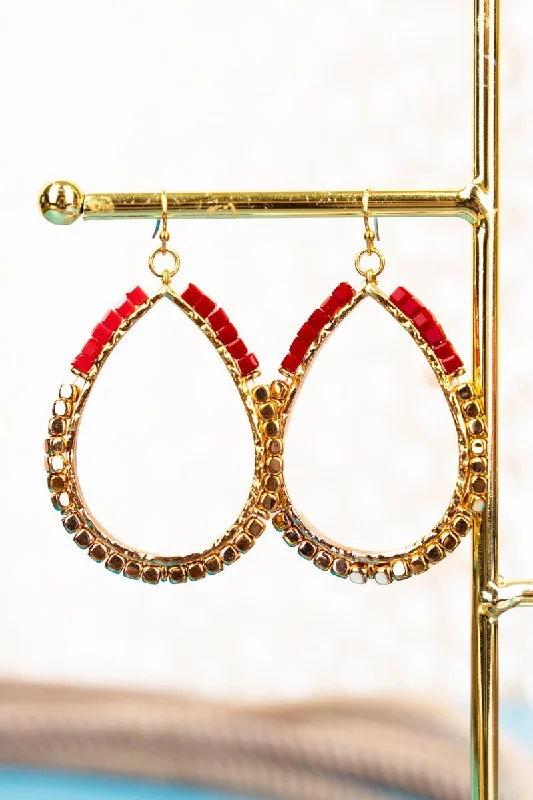 Drop Earrings for Evening Gown -SALE! Tanya Red and Gold Beaded Teardrop Earrings