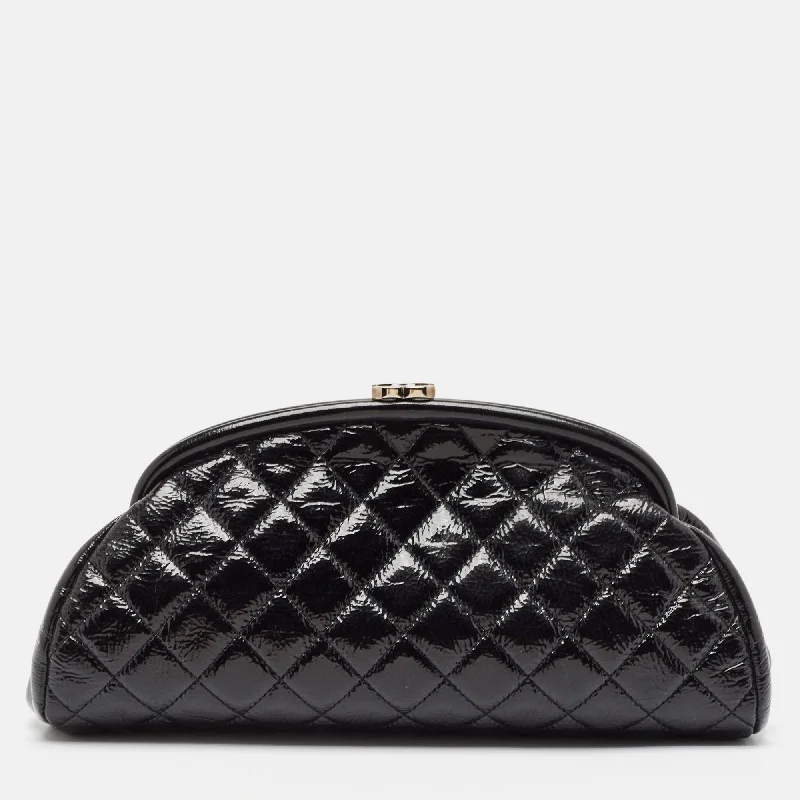 Handle bags with tropical leaves for summer -Chanel Black Quilted Patent Leather Kiss Lock Clutch