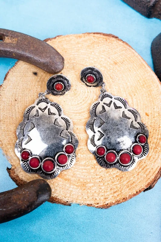 Gold Drop Earrings for Women -SALE! Red Calamity Crest Silvertone Earrings