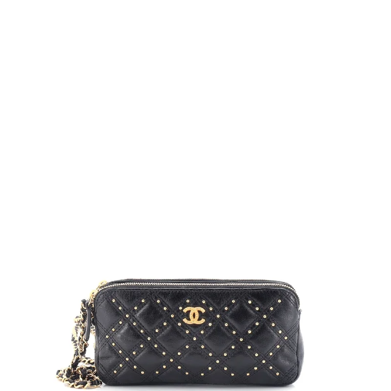 Handle bags with fun slogans for personality -Double Zip Clutch with Chain Studded Quilted Leather