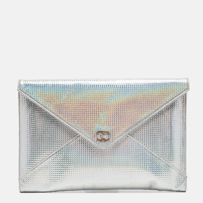 Handle bags with perforated details for style -Chanel Silver Iridescent Embossed Leather Cc Envelope Clutch