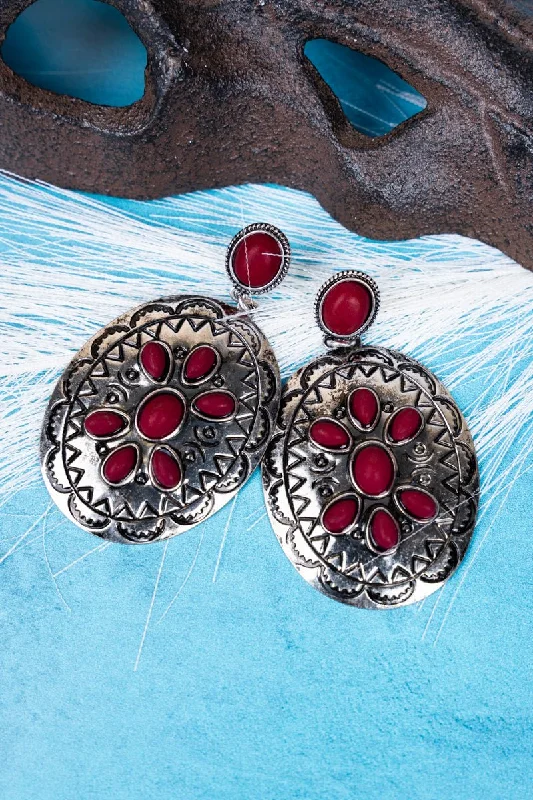 Drop Earrings with Etched Designs -SALE! Burnished Silvertone Red Mindy Earrings