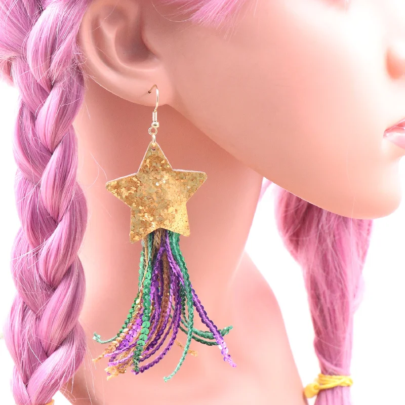 Gothic Drop Earrings with Dark Tone -Wholesale Colored Tassel Sequins with Five Pointed Stars Fabric Earrings