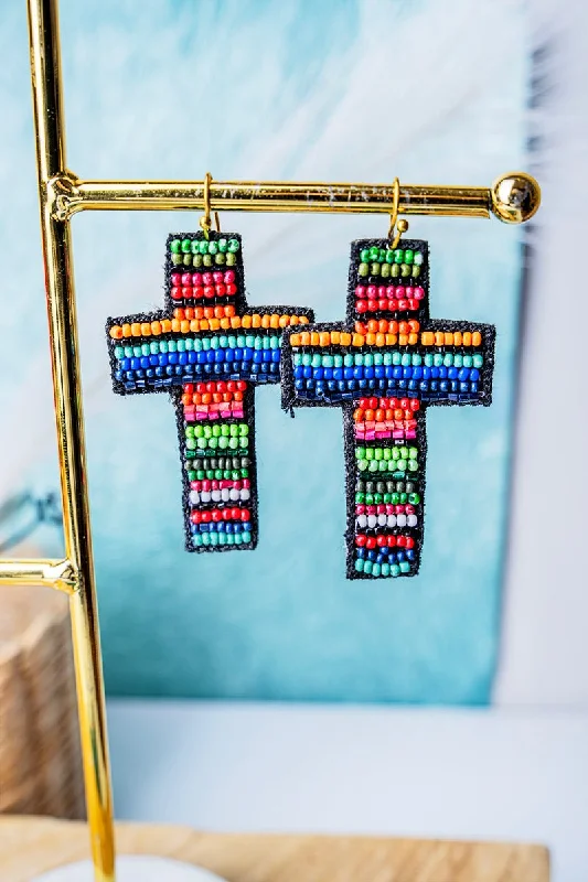 Drop Earrings for Formal Attire -SALE! Multi-Color Seed Bead Serape Cross Earrings