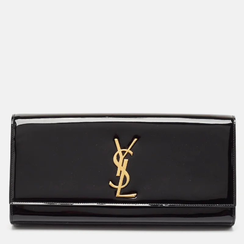 Handle bags with playful pom-poms for charm -Saint Laurent Black Patent Leather Cassandre Clutch