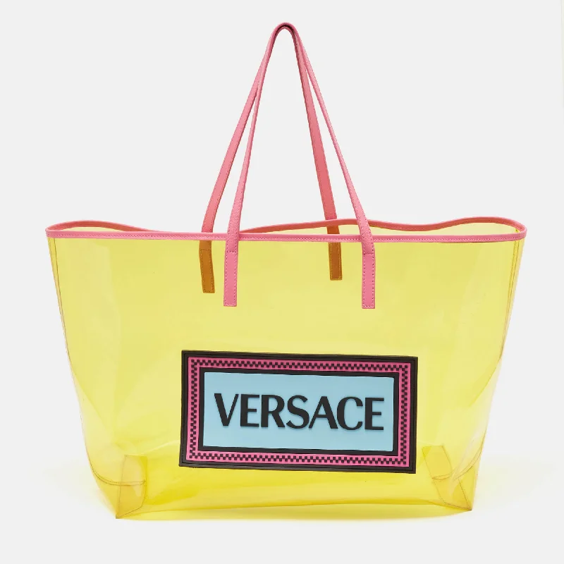 Handle bags with tropical prints for summer -Versace Yellow Pvc And Leather 90S Logo Shopper Tote