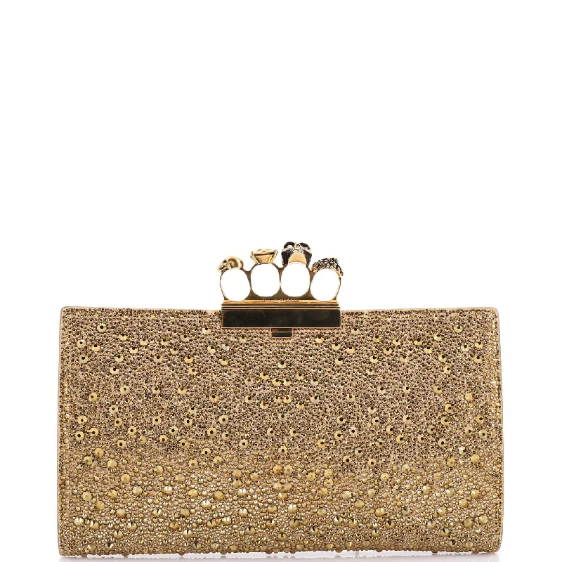 Handle bags with metallic finishes for shine -Flat Knuckle Clutch Crystal Embellished Satin Medium